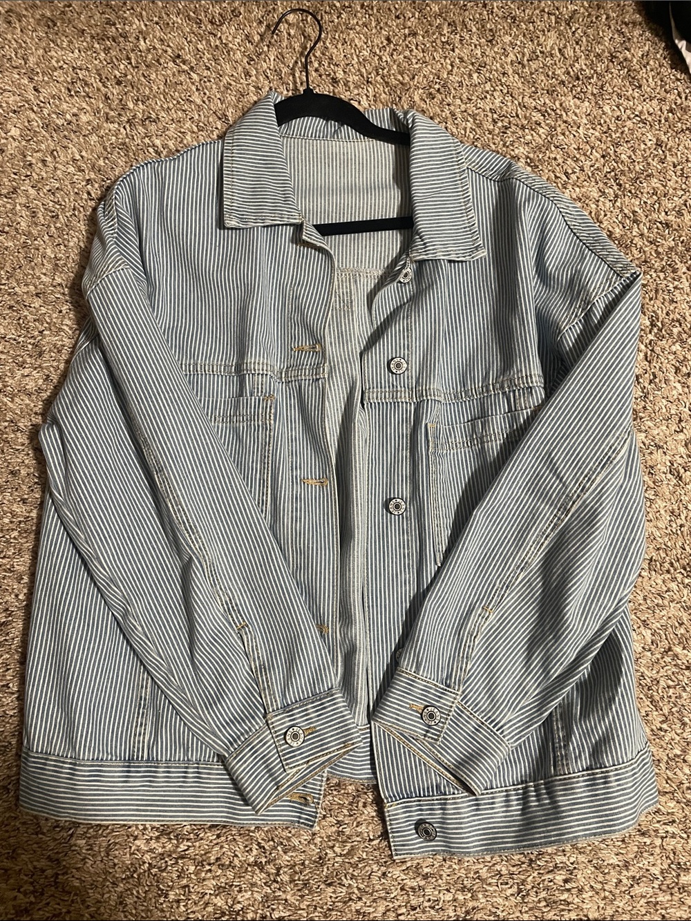 Skies Are Blue Blue and White Striped Jean Jacket